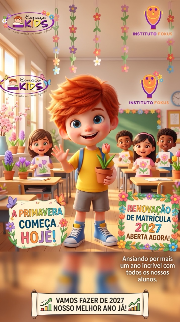 Mascote das escolas convidando as famílias para a renovação de matrícula 2027