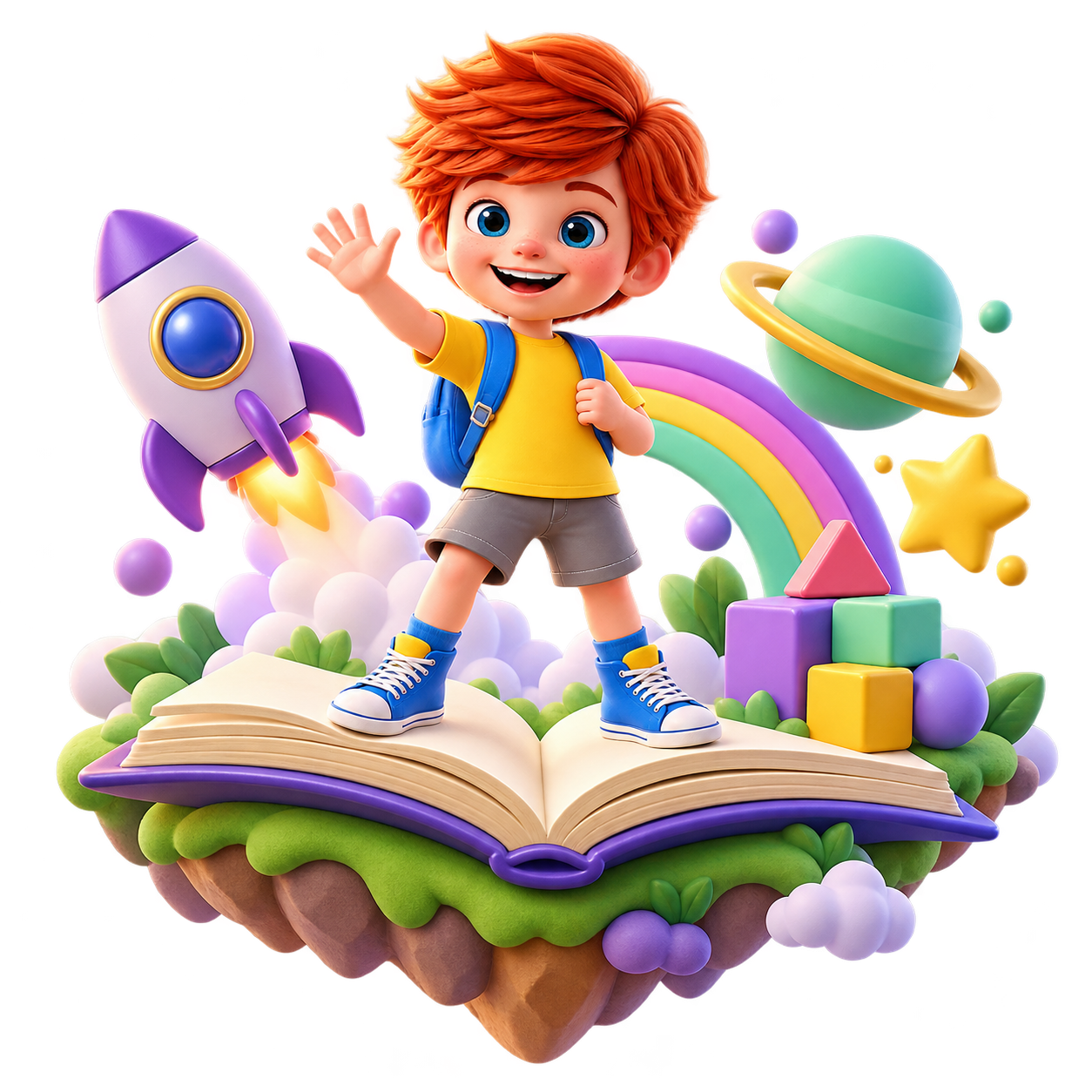 Ilustração 3D do mascote em um universo de aprendizagem com livros, foguete e formas coloridas